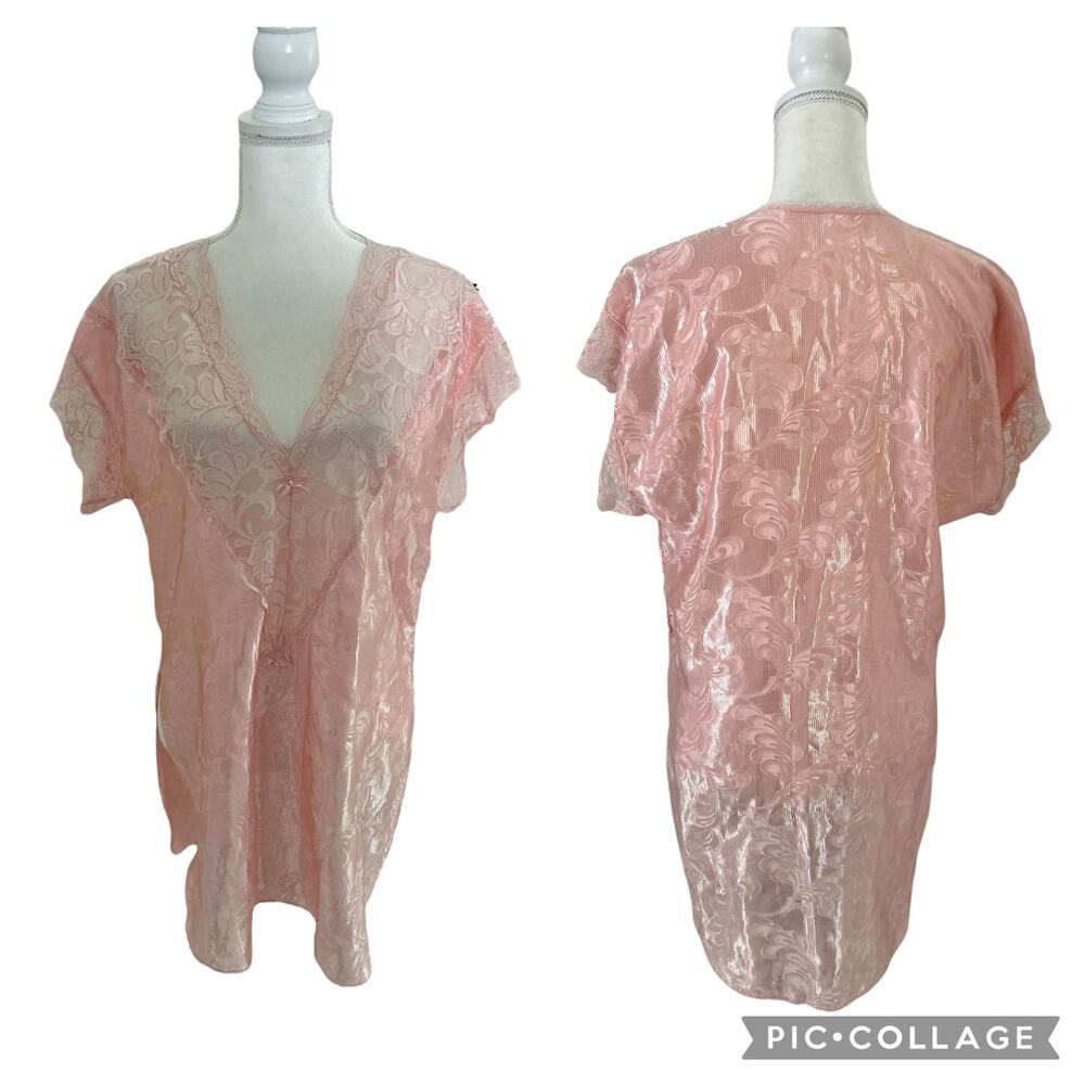 Vintage Floral Lace Trim V Neck Satin Midi Nightgown Dreamy Elegant Size Medium